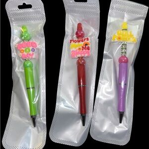 Set of 3 Cute Novelty Pens — Green, Red, Purple